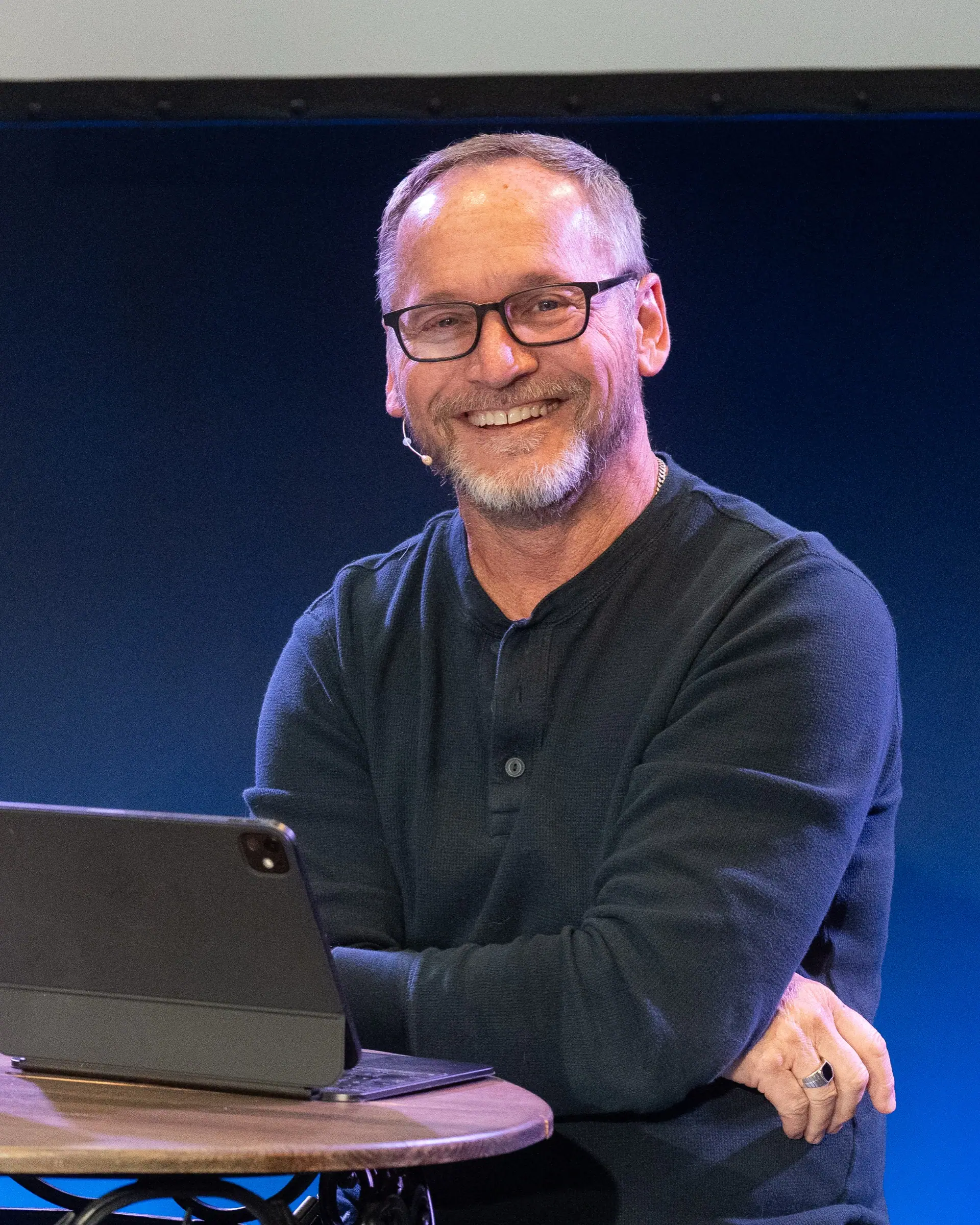 Pastor Steve Parker laughing during a Sunday conversation